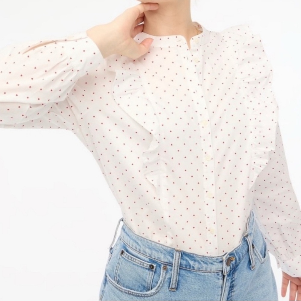 J. Crew Mini Heart Print White Ruffle Button Down Blouse Size M - Picture 5 of 7